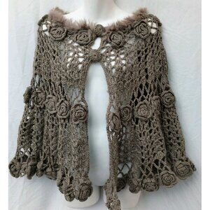 Cactus Knit Cape Women  Crochet 2 Button Flowers Desig Size Small Coffe Brown